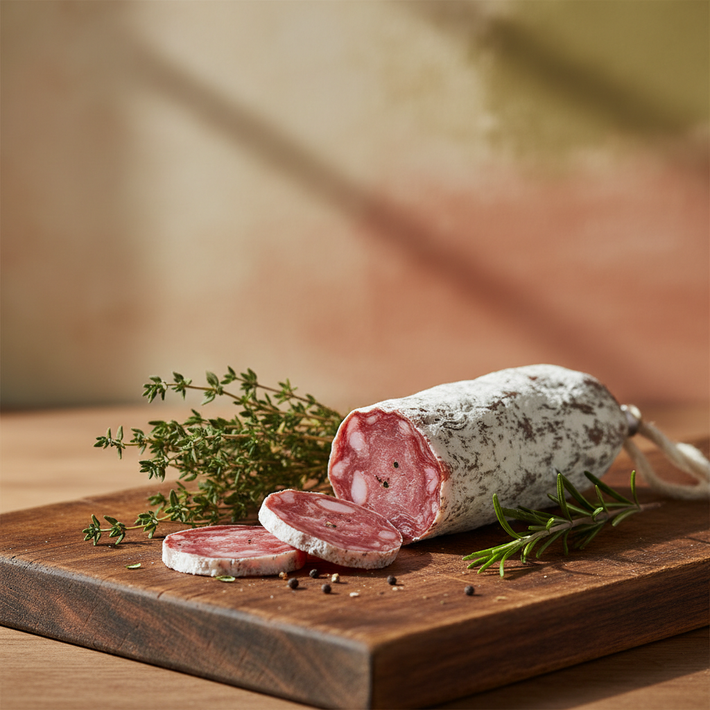 Saucisson sec artisanal sur planche en bois