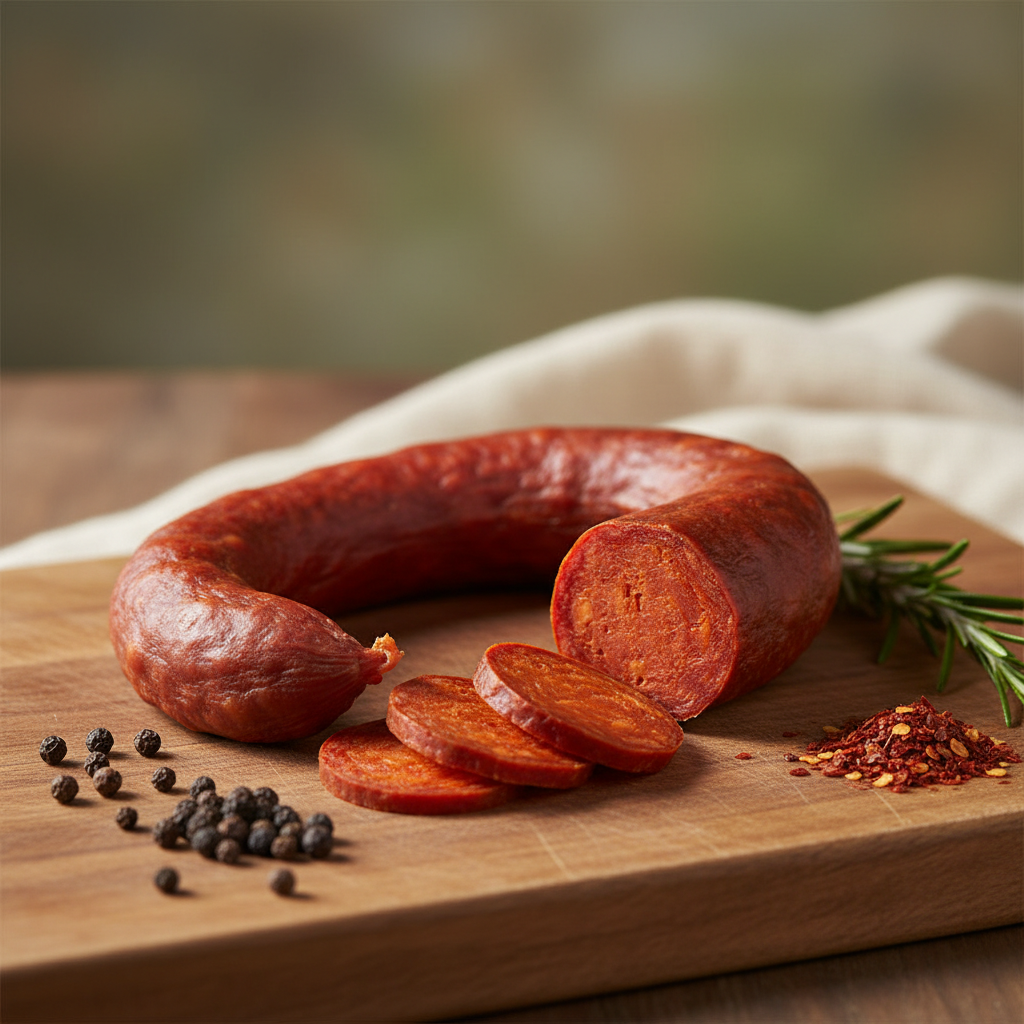 Chorizo artisanal en forme de U sur planche en bois
