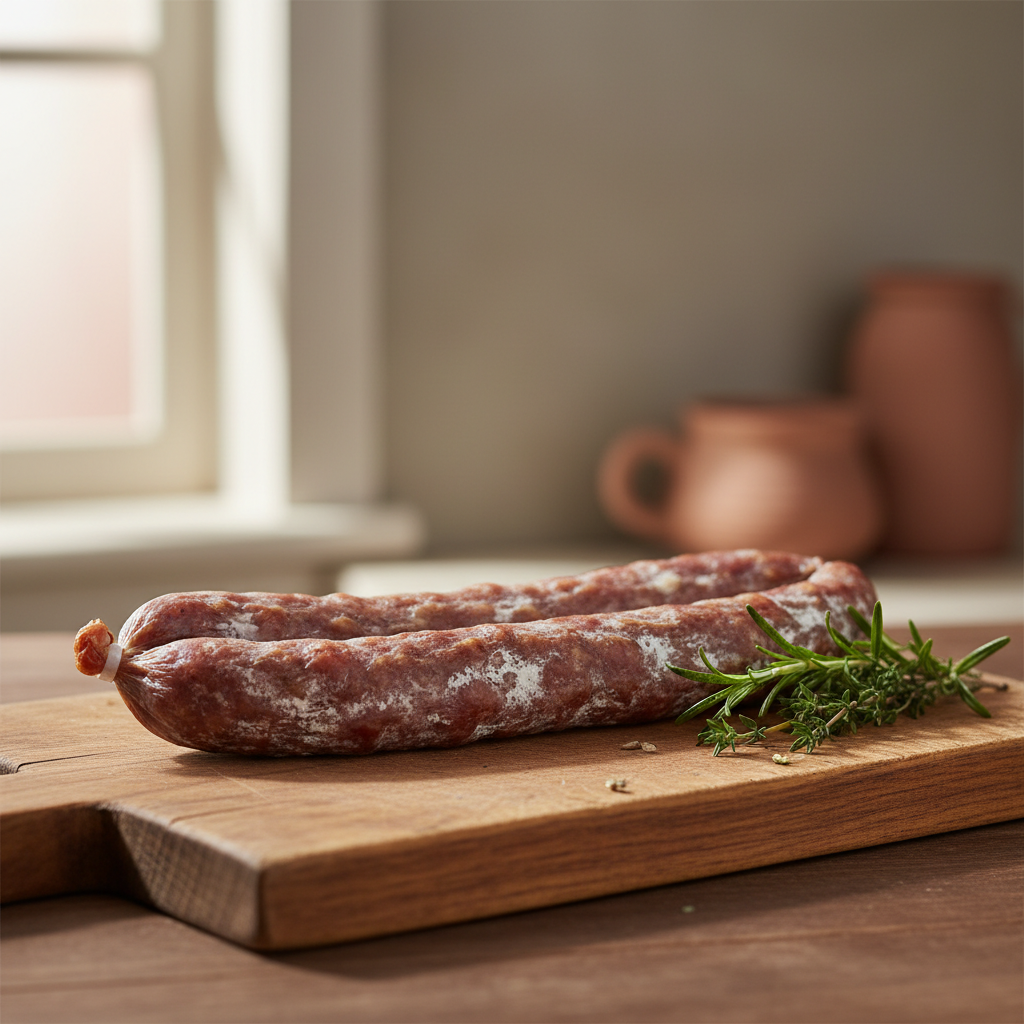 Saucisse sèche artisanale en forme de U sur planche en bois