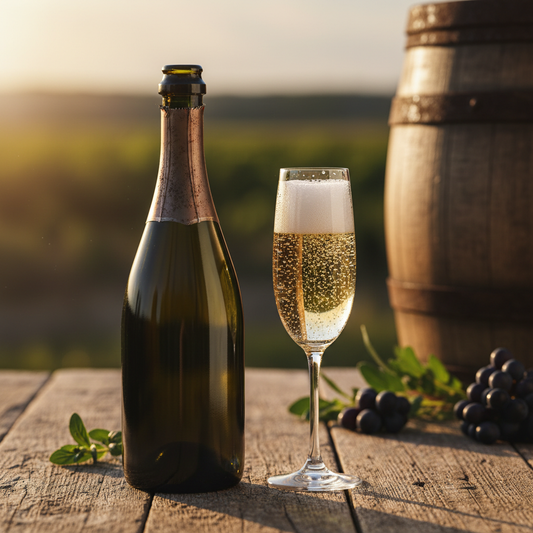 Blanc de fût, bouteille sans étiquette avec flûte et bulles, fût de chêne en arrière-plan