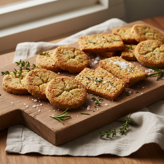 Biscuits salés artisanaux sur planche rustique en bois