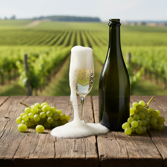 Bouteille verte de blanc de blanc avec flûte, bulles et grappes de raisin, vignes en arrière-plan