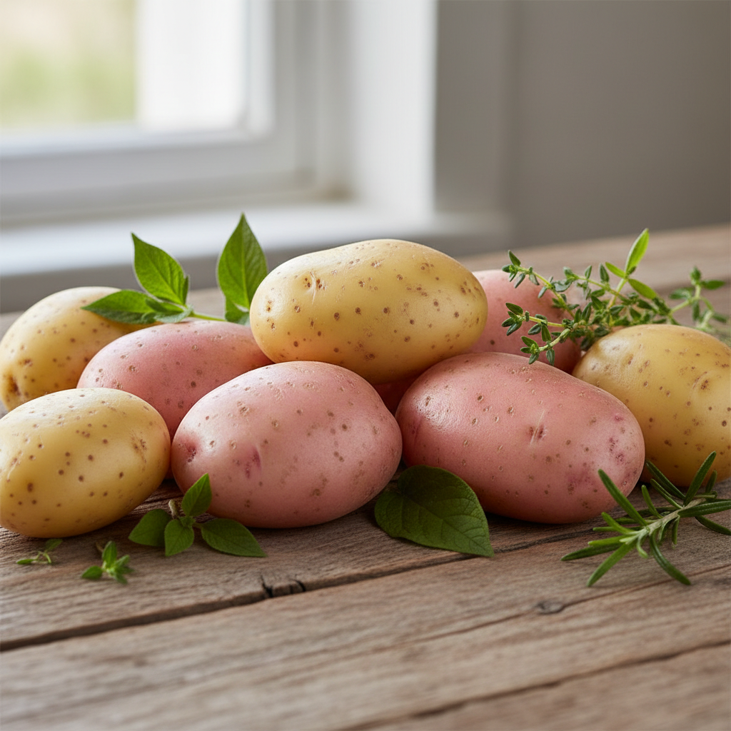 Pommes de terre nouvelles fraîches et lisses sans germes sur bois rustique