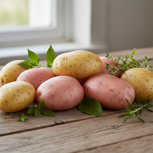 Pommes de terre nouvelles fraîches et lisses sans germes sur bois rustique