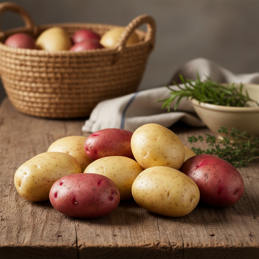 Pommes de terre blanches et rouges fraîches et lisses sans germes sur bois rustique
