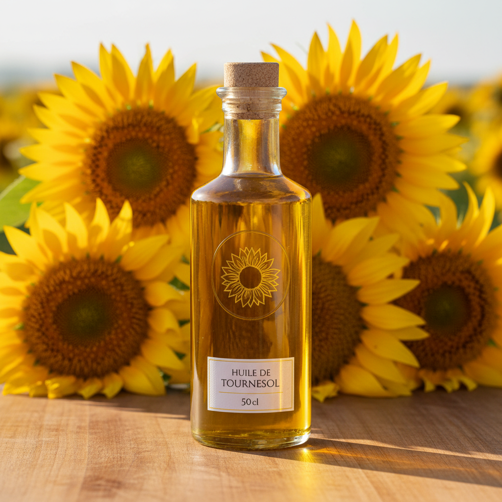 Bouteille d'huile de tournesol 50 cl sur bois naturel avec tournesols